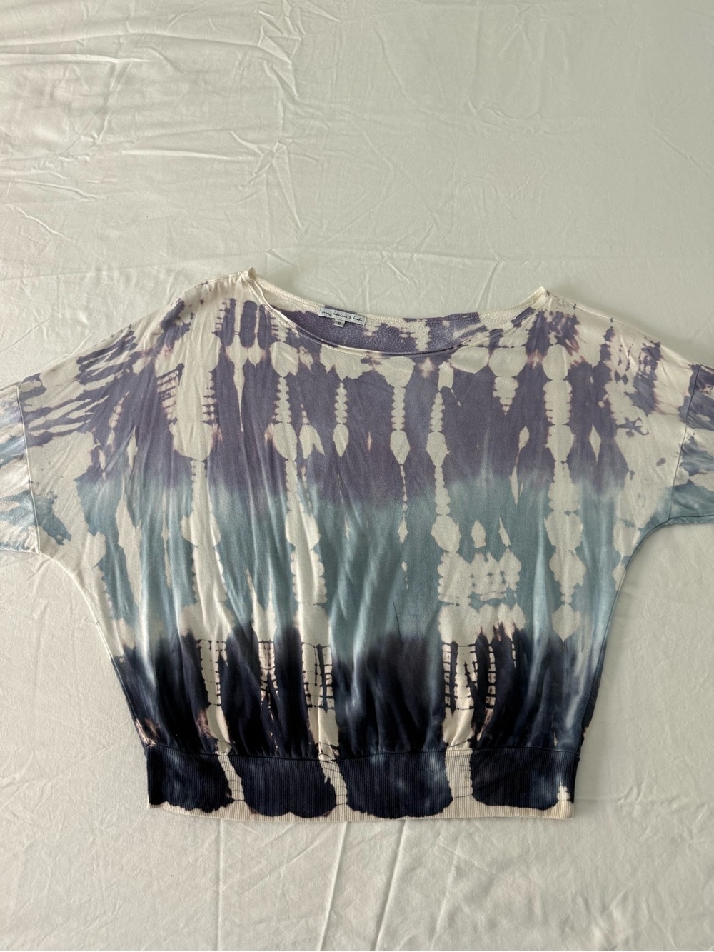 Tie-Dye Long Sleeve Asymmetrical Pullover Top in Navy, Purple and Cream